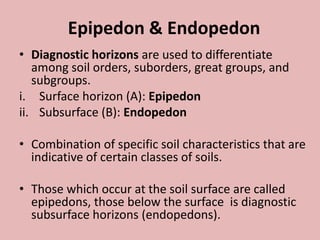 • Diagnostic horizons are used to differentiate
among soil orders, suborders, great groups, and
subgroups.
i. Surface horizon (A): Epipedon
ii. Subsurface (B): Endopedon
• Combination of specific soil characteristics that are
indicative of certain classes of soils.
• Those which occur at the soil surface are called
epipedons, those below the surface is diagnostic
subsurface horizons (endopedons).
Epipedon & Endopedon
 