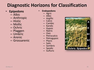 Diagnostic Horizons for Classification
• Epipedons
– Albic
– Anthropic
– Histic
– Mollic
– Ochric
– Plaggen
– Umbric
– Arenic
– Grossarenic
• Endopedons
– Agric
– Albic
– Argillic
– Calcic
– Cambic
– Kandic
– Gypsic
– Natric
– Oxic
– Petrocalcic
– Petrogypsic
– Placic
– Salic
– Sombric
– Spodic
– Sulfuric
28-May-15 49
 