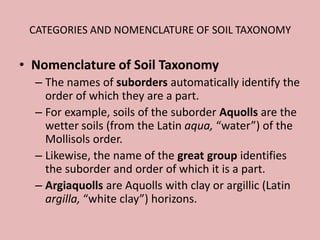 CATEGORIES AND NOMENCLATURE OF SOIL TAXONOMY
• Nomenclature of Soil Taxonomy
– The names of suborders automatically identify the
order of which they are a part.
– For example, soils of the suborder Aquolls are the
wetter soils (from the Latin aqua, “water”) of the
Mollisols order.
– Likewise, the name of the great group identifies
the suborder and order of which it is a part.
– Argiaquolls are Aquolls with clay or argillic (Latin
argilla, “white clay”) horizons.
 