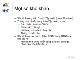 © FPT HR, 2009 
Một số khó khăn 
 Xác định công việc ở mức Tập đoàn (Head Quarters) 
 Thống nhất chuẩn trong toàn Tập đoàn, ví dụ: 
 Cách thức phân loại CBNV 
 Chính sách đãi ngộ 
 Hệ thống chức danh công việc 
 Thông tin, báo cáo 
 Xác định vai trò, trách nhiệm CBQL trong QTNS và 
đào tạo họ 
 Trách nhiệm trong tuyển dụng, đào tạo, đánh giá 
nhân viên, cho thôi việc, v.v. 
 