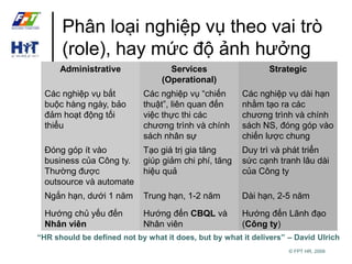 Phân loại nghiệp vụ theo vai trò 
(role), hay mức độ ảnh hưởng 
Administrative Services 
© FPT HR, 2009 
(Operational) 
Strategic 
Các nghiệp vụ bắt 
buộc hàng ngày, bảo 
đảm hoạt động tối 
thiểu 
Các nghiệp vụ “chiến 
thuật”, liên quan đến 
việc thực thi các 
chương trình và chính 
sách nhân sự 
Các nghiệp vụ dài hạn 
nhằm tạo ra các 
chương trình và chính 
sách NS, đóng góp vào 
chiến lược chung 
Đóng góp ít vào 
business của Công ty. 
Thường được 
outsource và automate 
Tạo giá trị gia tăng 
giúp giảm chi phí, tăng 
hiệu quả 
Duy trì và phát triển 
sức cạnh tranh lâu dài 
của Công ty 
Ngắn hạn, dưới 1 năm Trung hạn, 1-2 năm Dài hạn, 2-5 năm 
Hướng chủ yếu đến 
Nhân viên 
Hướng đến CBQL và 
Nhân viên 
Hướng đến Lãnh đạo 
(Công ty) 
“HR should be defined not by what it does, but by what it delivers” – David Ulrich 
 