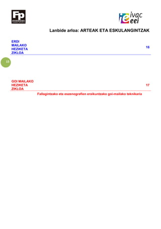 15
Lanbide arloa: ARTEAK ETA ESKULANGINTZAK
ERDI
MAILAKO
HEZIKETA
ZIKLOA
16
GOI MAILAKO
HEZIKETA
ZIKLOA
17
Fallagintzako eta eszenografien eraikuntzako goi-mailako teknikaria
 