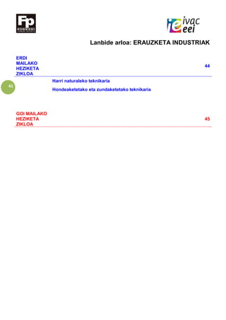 41
Lanbide arloa: ERAUZKETA INDUSTRIAK
ERDI
MAILAKO
HEZIKETA
ZIKLOA
44
Harri naturaleko teknikaria
Hondeaketetako eta zundaketetako teknikaria
GOI MAILAKO
HEZIKETA
ZIKLOA
45
 
