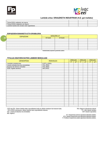 43
Lanbide arloa: ERAUZKETA INDUSTRIAK (H.Z. goi mailako)
Titulua EAOn argitaratu zen eguna
Titulua EHAAn argitaratu zen eguna
Lanbide txartela edo ematen duen egiaztatzea
ESPAZIOEN BANAKETA ETA ERABILERA
ESPAZIOAK AZALERA m²
30 ikasle 20 ikasle
Instalazioetako espazioen gutxieneko azalera
TITULUA OSATZEN DUTEN LANBIDE MODULUAK
IZENDAPENA IRAKASLEA
ORDUAK ORDUAK ORDUAK
1º 2º 1º 2º 1º 2º
Lantokiko prestakuntza # (PT) o (PES)
Laneko prestakuntza eta orientabidea FOL (PES)
Enpresa eta ekimen sortzailea FOL (PES)
E200. Ingeles teknikoa ING (PES)
# (PT) edo (ES) = Betiere lanbide-arloko espezialitatekoa bada eta zikloko moduluren bat irakasten badu. PES= Bigarren irakaskuntza irakasle
* (PT) o (PES) Lehentasunez, zikloan irakasten duen espezialitateko irakaslea. PT= LHko irakasle teknikoa
FOL= Laneko prestakuntza eta orientabidea ESP= Irakasle espezialista
ING= Ingelesa
UC= Konpetentzia-atal bat egiaztatuta baliozkotu daiteke.
UCS= Hainbat konpetentzia-atal egiaztatuta baliozkotu daiteke.
P= Profilaren konpetentzia-atalak egiaztatuta baliozkotu daiteke.
 