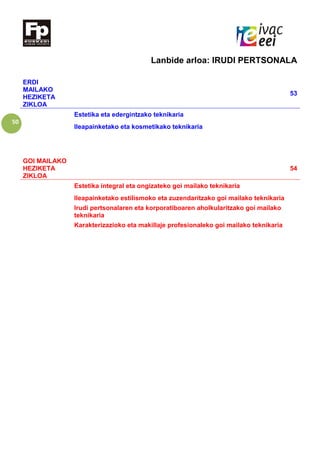 50
Lanbide arloa: IRUDI PERTSONALA
ERDI
MAILAKO
HEZIKETA
ZIKLOA
53
Estetika eta edergintzako teknikaria
Ileapainketako eta kosmetikako teknikaria
GOI MAILAKO
HEZIKETA
ZIKLOA
54
Estetika integral eta ongizateko goi mailako teknikaria
Ileapainketako estilismoko eta zuzendaritzako goi mailako teknikaria
Irudi pertsonalaren eta korporatiboaren aholkularitzako goi mailako
teknikaria
Karakterizazioko eta makillaje profesionaleko goi mailako teknikaria
 