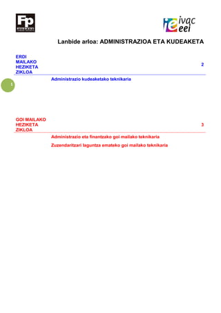 1
Lanbide arloa: ADMINISTRAZIOA ETA KUDEAKETA
ERDI
MAILAKO
HEZIKETA
ZIKLOA
2
Administrazio kudeaketako teknikaria
GOI MAILAKO
HEZIKETA
ZIKLOA
3
Administrazio eta finantzako goi mailako teknikaria
Zuzendaritzari laguntza emateko goi mailako teknikaria
 