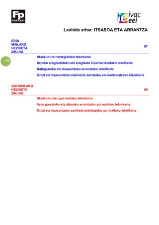 64
Lanbide arloa: ITSASOA ETA ARRANTZA
ERDI
MAILAKO
HEZIKETA
ZIKLOA
67
Akuikultura haztegietako teknikaria
Urpeko eragiketetako eta eragiketa hiperbarikoetako teknikaria
Nabigazioko eta itsasertzeko arrantzako teknikaria
Ontzi eta itsasontzien makineria zaintzeko eta kontrolatzeko teknikaria
GOI MAILAKO
HEZIKETA
ZIKLOA
69
Akuikulturako goi mailako teknikaria
Itsas garraioko eta alturako arrantzako goi mailako teknikaria
Ontzi eta itsasontzien zainketa antolatzeko goi mailako teknikaria
 