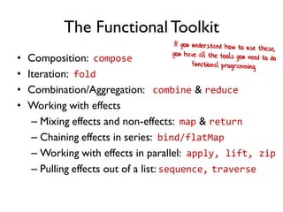 The Functional Toolkit
• Composition: compose
• Iteration: fold
• Combination/Aggregation: combine & reduce
• Working with effects
– Mixing effects and non-effects: map & return
– Chaining effects in series: bind/flatMap
– Working with effects in parallel: apply, lift, zip
– Pulling effects out of a list: sequence, traverse
 