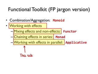 FunctionalToolkit (FP jargon version)
• Combination/Aggregation: Monoid
• Working with effects
– Mixing effects and non-effects: Functor
– Chaining effects in series: Monad
– Working with effects in parallel: Applicative
This talk
 