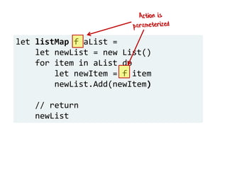 let listMap f aList =
let newList = new List()
for item in aList do
let newItem = f item
newList.Add(newItem)
// return
newList
 