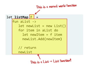 let listMap f =
fun aList ->
let newList = new List()
for item in aList do
let newItem = f item
newList.Add(newItem)
// return
newList
 