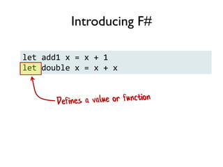 let add1 x = x + 1
let double x = x + x
Introducing F#
 