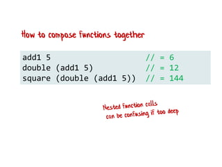add1 5 // = 6
double (add1 5) // = 12
square (double (add1 5)) // = 144
How to compose functions together
 