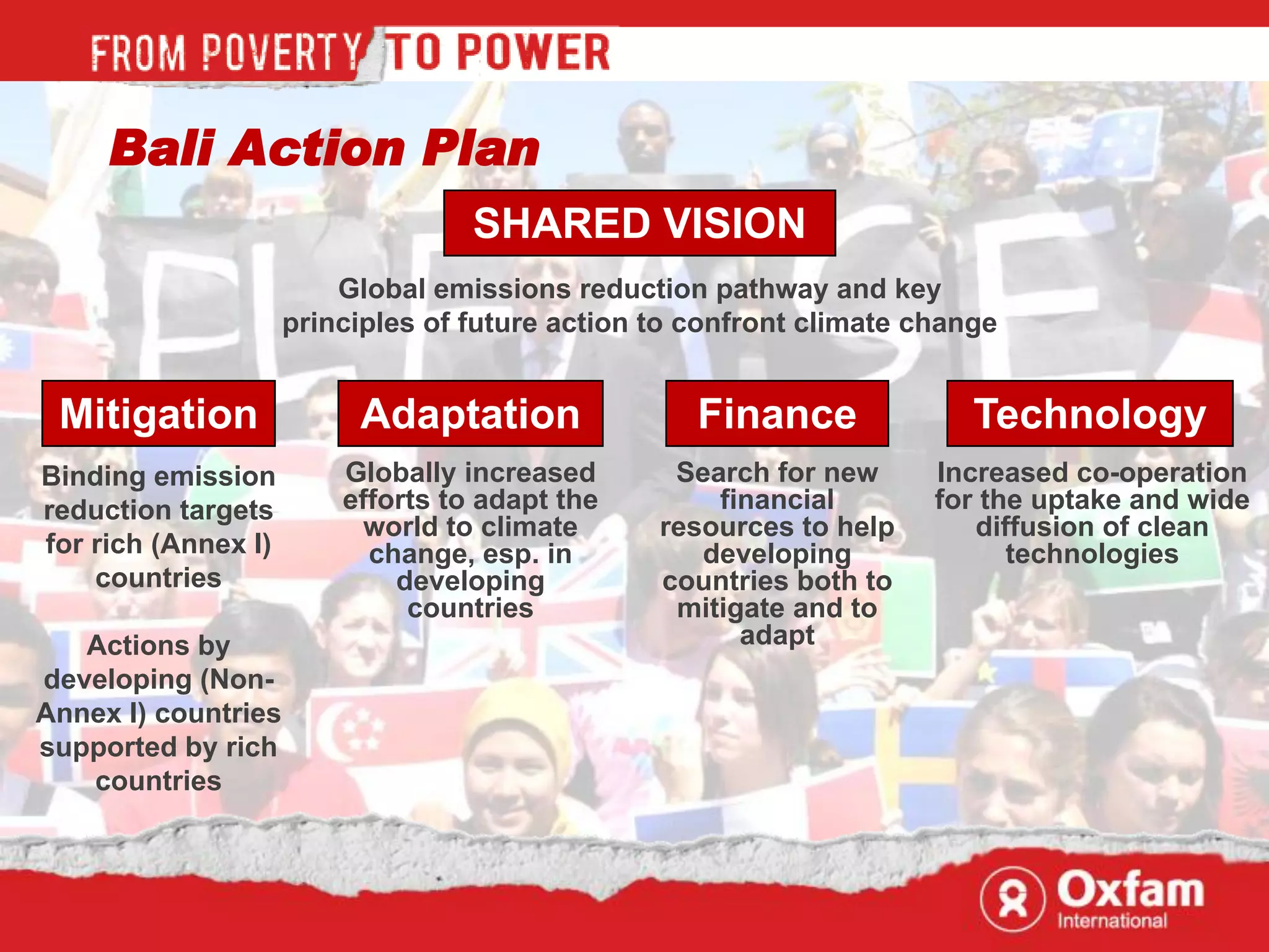 Bali Action Plan
                                   SHARED VISION
                         Global emissions reduction pathway and key
                     principles of future action to confront climate change


 Mitigation               Adaptation                Finance              Technology
Binding emission         Globally increased       Search for new      Increased co-operation
reduction targets        efforts to adapt the        financial        for the uptake and wide
                           world to climate      resources to help       diffusion of clean
for rich (Annex I)         change, esp. in          developing              technologies
    countries                developing          countries both to
                              countries           mitigate and to
   Actions by                                          adapt
developing (Non-
Annex I) countries
supported by rich
   countries
 