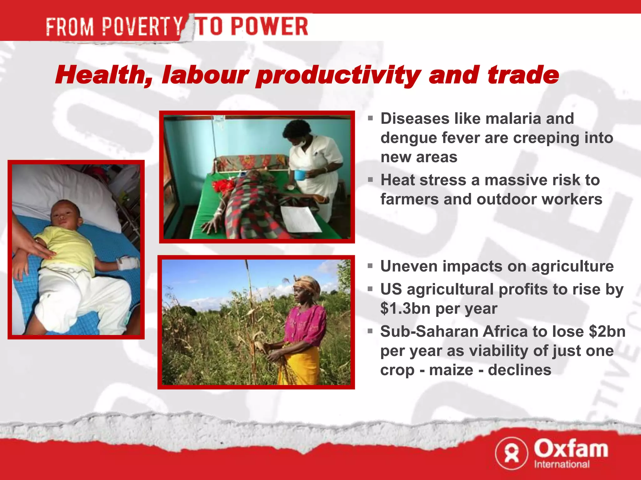 Health, labour productivity and trade
                       Diseases like malaria and
                        dengue fever are creeping into
                        new areas
                       Heat stress a massive risk to
                        farmers and outdoor workers



                       Uneven impacts on agriculture
                       US agricultural profits to rise by
                        $1.3bn per year
                       Sub-Saharan Africa to lose $2bn
                        per year as viability of just one
                        crop - maize - declines
 