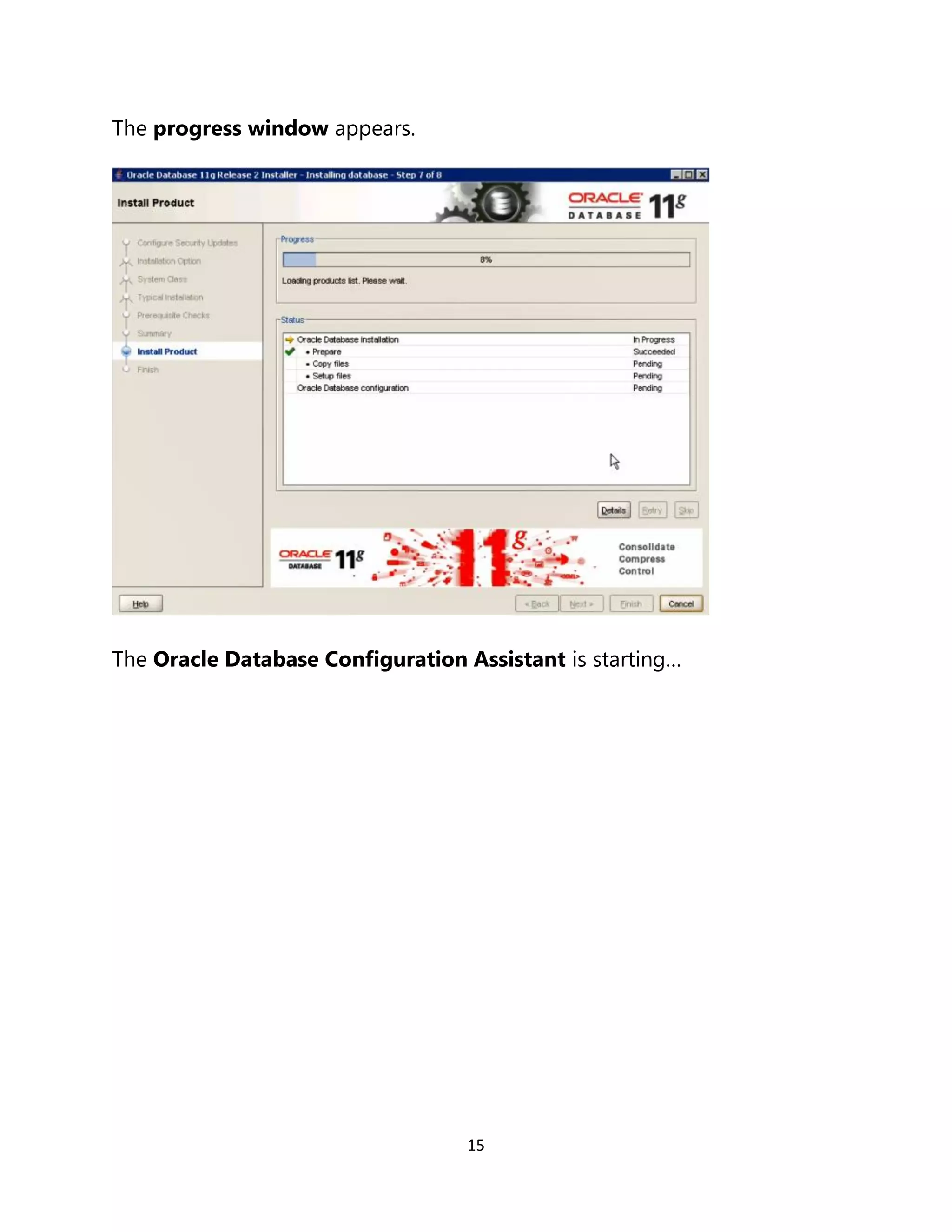 15
The progress window appears.
The Oracle Database Configuration Assistant is starting…
 
