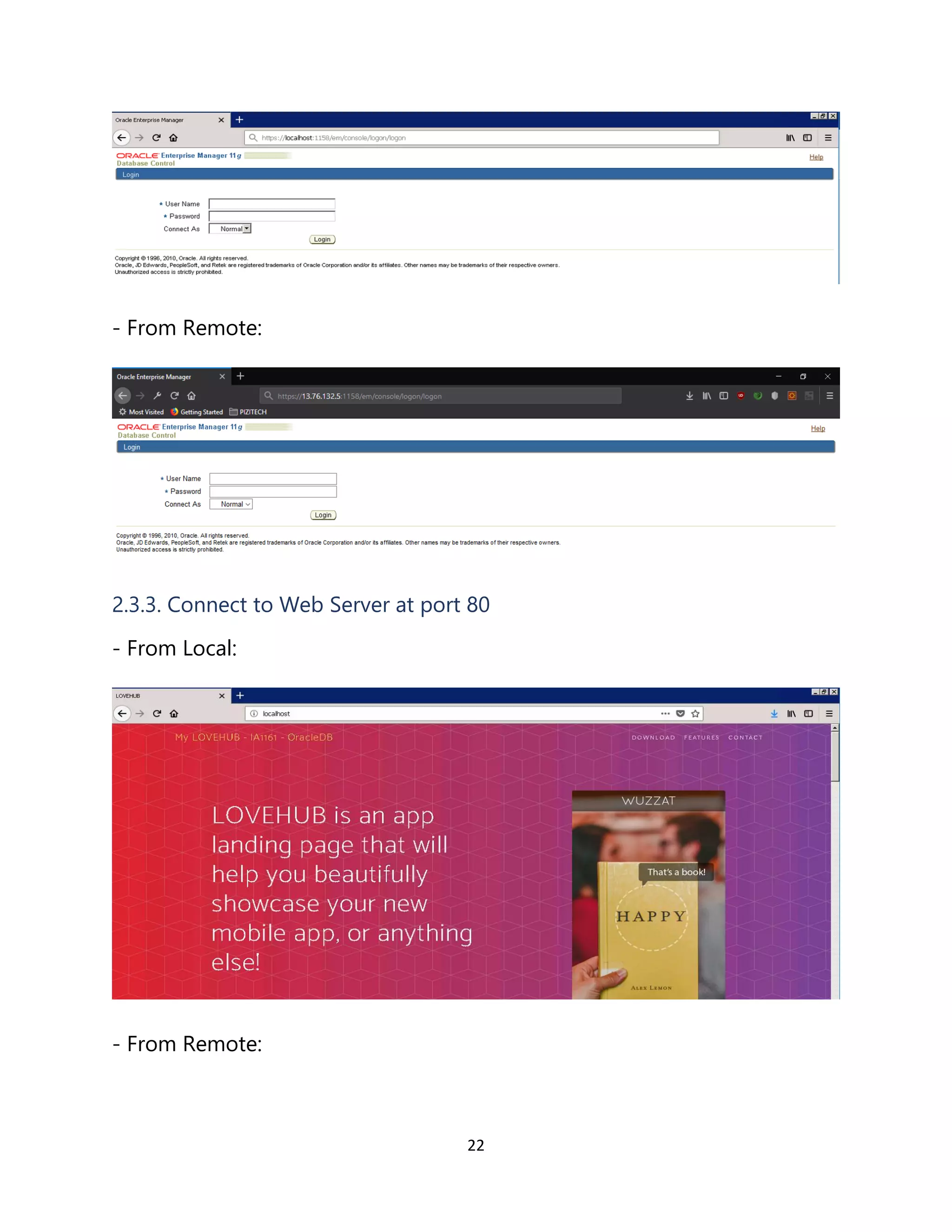 22
- From Remote:
2.3.3. Connect to Web Server at port 80
- From Local:
- From Remote:
 