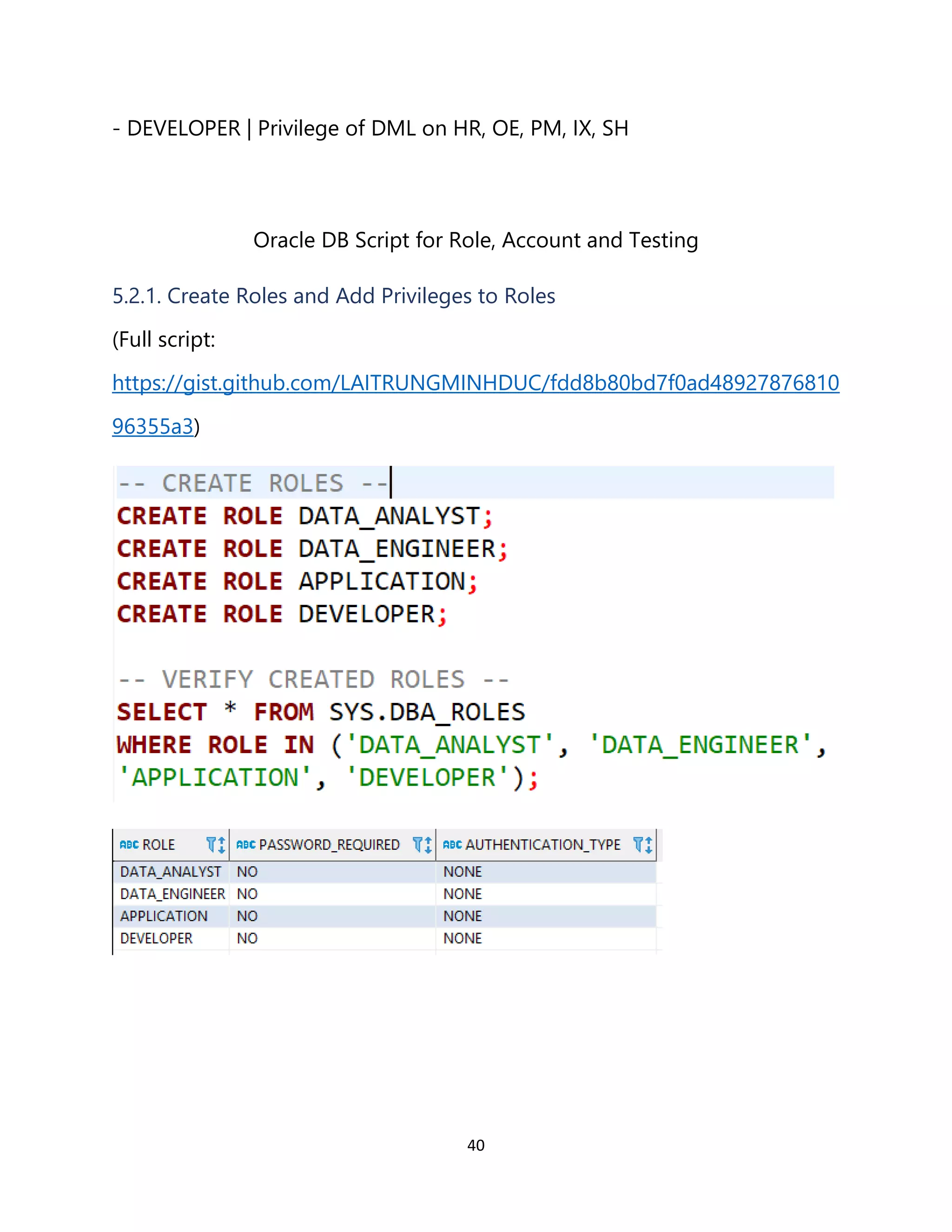 40
- DEVELOPER | Privilege of DML on HR, OE, PM, IX, SH
Oracle DB Script for Role, Account and Testing
5.2.1. Create Roles and Add Privileges to Roles
(Full script:
https://gist.github.com/LAITRUNGMINHDUC/fdd8b80bd7f0ad48927876810
96355a3)
 