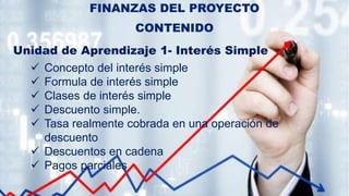 Unidad de Aprendizaje 1- Interés Simple
 Concepto del interés simple
 Formula de interés simple
 Clases de interés simple
 Descuento simple.
 Tasa realmente cobrada en una operación de
descuento
 Descuentos en cadena
 Pagos parciales
FINANZAS DEL PROYECTO
CONTENIDO
 