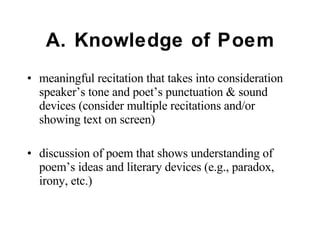 A. Knowledge of Poem meaningful recitation that takes into consideration speaker’s tone and poet’s punctuation & sound devices (consider multiple recitations and/or showing text on screen) discussion of poem that shows understanding of poem’s ideas and literary devices (e.g., paradox, irony, etc.) 