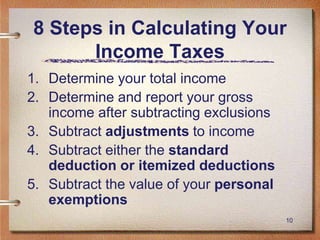 10
8 Steps in Calculating Your
Income Taxes
1. Determine your total income
2. Determine and report your gross
income after subtracting exclusions
3. Subtract adjustments to income
4. Subtract either the standard
deduction or itemized deductions
5. Subtract the value of your personal
exemptions
 