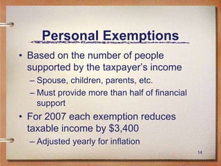 14
Personal Exemptions
• Based on the number of people
supported by the taxpayer’s income
– Spouse, children, parents, etc.
– Must provide more than half of financial
support
• For 2007 each exemption reduces
taxable income by $3,400
– Adjusted yearly for inflation
 