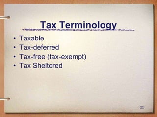 22
Tax Terminology
• Taxable
• Tax-deferred
• Tax-free (tax-exempt)
• Tax Sheltered
 