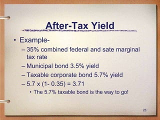 25
After-Tax Yield
• Example-
– 35% combined federal and sate marginal
tax rate
– Municipal bond 3.5% yield
– Taxable corporate bond 5.7% yield
– 5.7 x (1- 0.35) = 3.71
• The 5.7% taxable bond is the way to go!
 