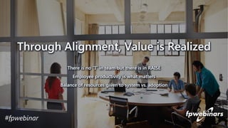 #fpwebinar
Through Alignment, Value is Realized
There is no “I” in team but there is in RAISE
Employee productivity is what matters
Balance of resources given to system vs. adoption
 