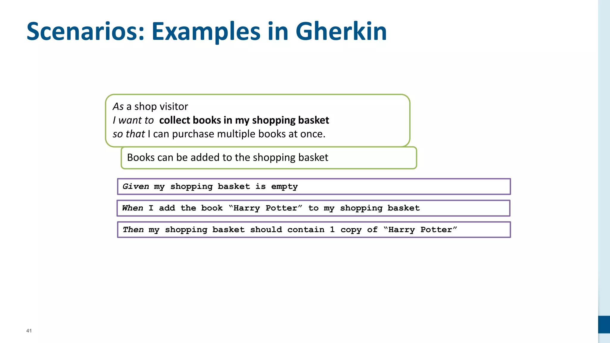 41
Scenarios: Examples in Gherkin
As a shop visitor
I want to collect books in my shopping basket
so that I can purchase multiple books at once.
Books can be added to the shopping basket
Given my shopping basket is empty
When I add the book “Harry Potter” to my shopping basket
Then my shopping basket should contain 1 copy of “Harry Potter”
 
