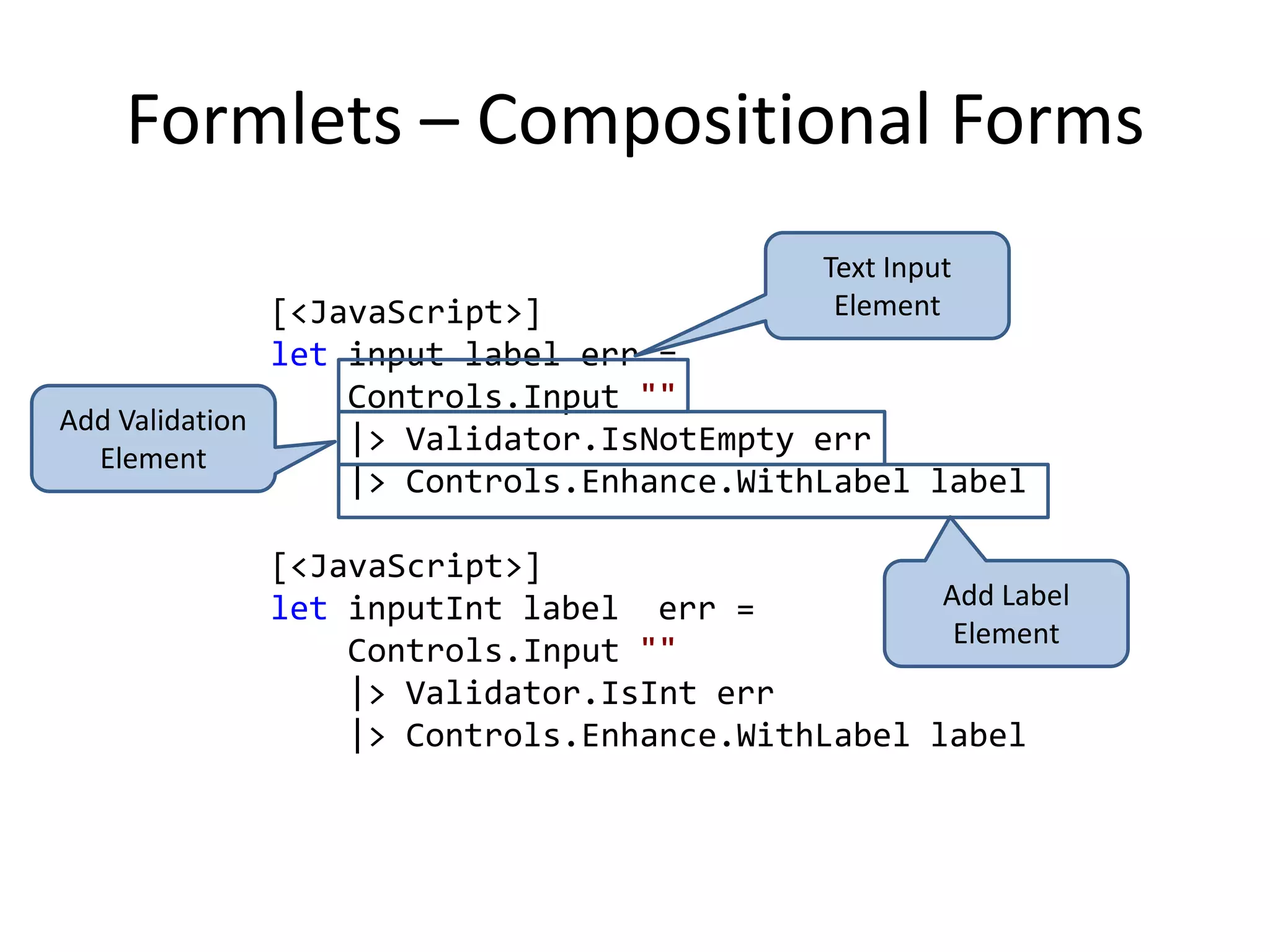 Or we can preform more advanced analysis The Anatomy of a DSLletevaluateExpression parameters =letrecinnerEval tree =match tree with        | Multiply (x, y) ->innerEval x * innerEval y        | Add (x, y) ->innerEval x + innerEval y        | Subtract (x, y) ->innerEval x - innerEval y        | Constant value -> value        | Parameter key ->Map.find key parametersinnerEvallet expr = (1N + 2N) * (5N - 2N)evaluateExpressionMap.emptyexpr