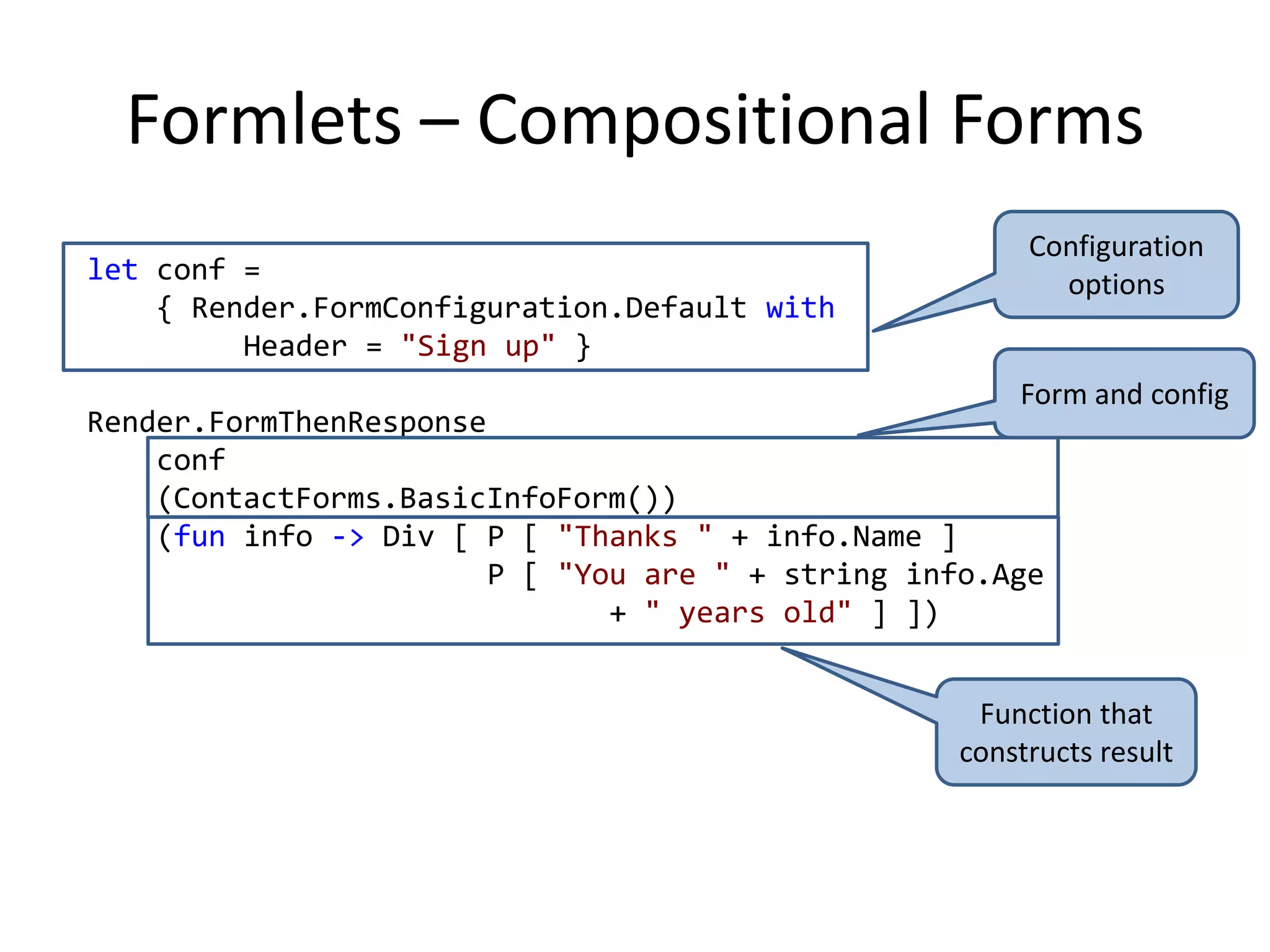 The Anatomy of a DSLletrecsimplifyExpressionexp =let simpIfPoss op exp1 exp2 =letexp' = op (simplifyExpression exp1, simplifyExpressionexp2)ifexp' = expthenexp' elsesimplifyExpressionexp'matchexpwith    | Multiply(Constant 0, Constant _) -> Constant 0    | Multiply(Constant _, Constant 0) -> Constant 0    | Multiply(Constant n1, Constant n2) -> Constant (n1 * n2)    | Add(Constant n1, Constant n2) -> Constant (n1 + n2)    | Subtract(Constant n1, Constant n2) -> Constant (n1 - n2)    | Multiply(exp1, exp2) ->simpIfPoss Multiply exp1 exp2    | Add(exp1, exp2) ->simpIfPoss Add exp1 exp2    | Subtract(exp1, exp2) ->simpIfPoss Add exp1 exp2    | Constant _ | Parameter _ ->exp