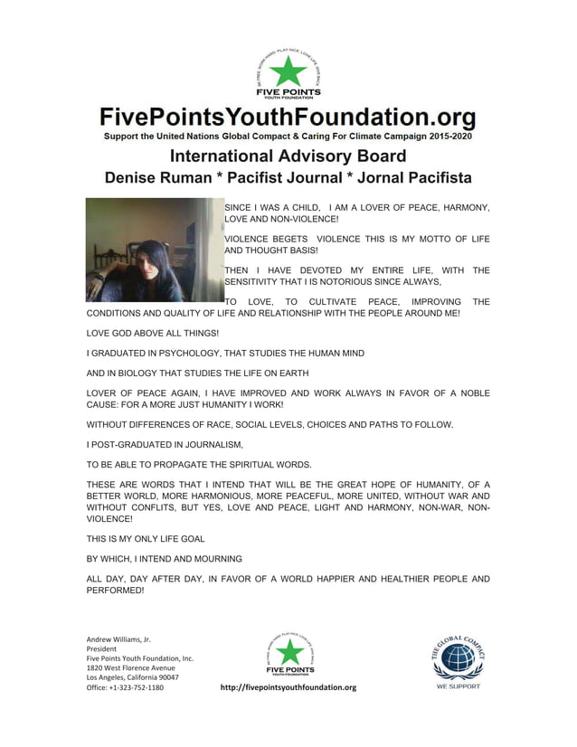 Five Points Youth Foundation Goodwill Ambassador Denise Ruman Jornal