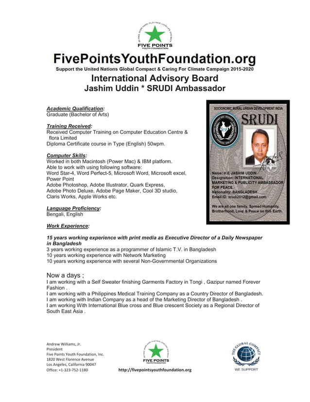 Five Points Youth Foundation Goodwill Ambassador Jashim Uddin
