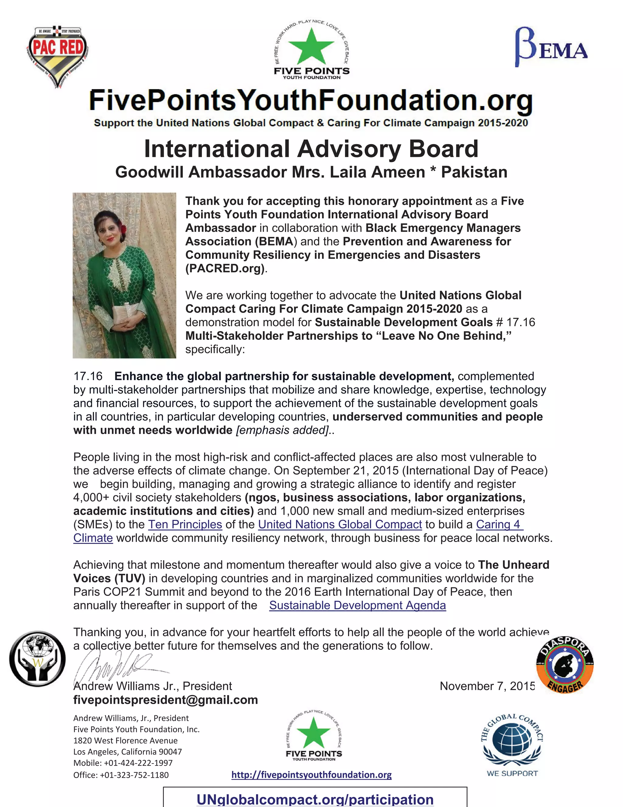 Five Points Youth Foundation Goodwill Ambassador Laila Ameen Pakistan