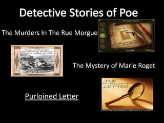 The Murders In The Rue Morgue
The Mystery of Marie Roget
Purloined Letter
 