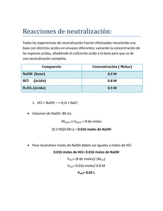 Reacciones de neutralización:
Todas las experiencias de neutralización fueron efectuadas mezclando una
base con distintos ácidos en envases diferentes; variando la concentración de
las especies acidas, añadiendo el suficiente acido a la base para que se de
una neutralización completa.
Compuesto

Concentración ( Molar)

NaOH (base)

0.2 M

HCl

(ácido)

0.8 M

H2SO4 (ácido)

0.5 M

1. HCl + NaOH ⟶ H2O + NaCl
Volumen de NaOH: 80 mL
MNaOH x VNaOH = # de moles
(0.2 M)(0.08 L) = 0.016 moles de NaOH

Para neutralizar moles de NaOH deben ser iguales a moles de HCl
0.016 moles de HCl= 0.016 moles de NaOH
VHCl= (# de moles)/ (MHCl)
VHCl= 0.016 moles/ 0.8 M
VHCl= 0.02 L

 