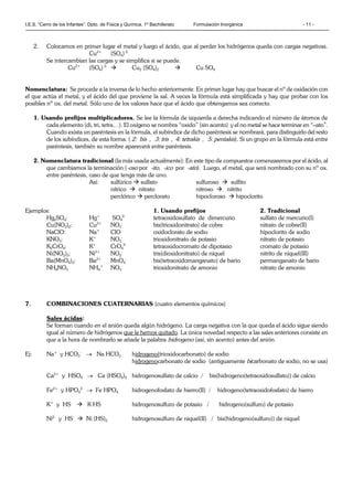 I.E.S. “Cerro de los Infantes”. Dpto. de Física y Química. 1º Bachillerato Formulación Inorgánica - 11 -
2. Colocamos en primer lugar el metal y luego el ácido, que al perder los hidrógenos queda con cargas negativas.
Cu2+
(SO4) 2-
Se intercambian las cargas y se simplifica si se puede.
Cu2+
(SO4) 2-
 Cu2 (SO4)2  Cu SO4
Nomenclatura: Se procede a la inversa de lo hecho anteriormente. En primer lugar hay que buscar el nº de oxidación con
el que actúa el metal, y el ácido del que proviene la sal. A veces la fórmula está simplificada y hay que probar con los
posibles nº ox. del metal. Sólo uno de los valores hace que el ácido que obtengamos sea correcto.
1. Usando prefijos multiplicadores. Se lee la fórmula de izquierda a derecha indicando el número de átomos de
cada elemento (di, tri, tetra…). El oxígeno se nombra “oxido” (sin acento) y el no metal se hace terminar en “–ato”.
Cuando exista un paréntesis en la fórmula, el subíndice de dicho paréntesis se nombrará, para distinguirlo del resto
de los subíndices, de esta forma: ( 2: bis , 3: tris , 4: tetrakis , 5: pentakis). Si un grupo en la fórmula está entre
paréntesis, también su nombre aparecerá entre paréntesis.
2. Nomenclatura tradicional (la más usada actualmente): En este tipo de compuestos comenzaremos por el ácido, al
que cambiamos la terminación (-oso por -ito, -ico por -ato). Luego, el metal, que será nombrado con su nº ox.
entre paréntesis, caso de que tenga más de uno.
Así: sulfúrico  sulfato sulfuroso  sulfito
nítrico  nitrato nitroso  nitrito
perclórico  perclorato hipocloroso  hipoclorito
Ejemplos: 1. Usando prefijos 2. Tradicional
Hg2SO4: Hg+
SO4
2-
tetraoxidosulfato de dimercurio sulfato de mercurio(I)
Cu(NO3)2: Cu2+
NO3
-
bis(trioxidonitrato) de cobre nitrato de cobre(II)
NaClO: Na+
ClO -
oxidoclorato de sodio hipoclorito de sodio
KNO3: K+
NO3
-
trioxidonitrato de potasio nitrato de potasio
K2CrO4: K+
CrO4
2-
tetraoxidocromato de dipotasio cromato de potasio
Ni(NO2)3: Ni3+
NO2
-
tris(dioxidonitrato) de níquel nitrito de níquel(III)
Ba(MnO4)2: Ba2+
MnO4
-
bis(tetraoxidomanganato) de bario permanganato de bario
NH4NO3 NH4
+
NO3
-
trioxidonitrato de amonio nitrato de amonio
7. COMBINACIONES CUATERNARIAS (cuatro elementos químicos)
Sales ácidas:
Se forman cuando en el anión queda algún hidrógeno. La carga negativa con la que queda el ácido sigue siendo
igual al número de hidrógenos que le hemos quitado. La única novedad respecto a las sales anteriores consiste en
que a la hora de nombrarlo se añade la palabra hidrogeno (así, sin acento) antes del anión.
Ej: Na+
y HCO3
-
 Na HCO3 hidrogeno(trioxidocarbonato) de sodio
hidrogenocarbonato de sodio (antiguamente bicarbonato de sodio, no se usa)
Ca2+
y HSO4
-
 Ca (HSO4)2 hidrogenosulfato de calcio / bis(hidrogeno(tetraoxidosulfato)) de calcio
Fe2+
y HPO4
2-
 Fe HPO4 hidrogenofosfato de hierro(II) / hidrogeno(tetraoxidofosfato) de hierro
K+
y HS-
 K HS hidrogenosulfuro de potasio / hidrogeno(sulfuro) de potasio
Ni2-
y HS-
 Ni (HS)2 hidrogenosulfuro de niquel(II) / bis(hidrogeno(sulfuro)) de niquel
 