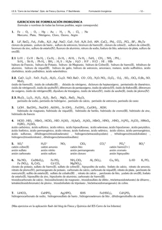 I.E.S. “Cerro de los Infantes”. Dpto. de Física y Química. 1º Bachillerato Formulación Inorgánica - 12 -
EJERCICIOS DE FORMULACIÓN INORGÁNICA
(formular o nombrar de todas las formas posibles, según corresponda)
1. Fe ; O2 ; O3 ; Hg ; Au ; H2 ; N2 ; Cl2 ; Ne
Mercurio, Plata, Nitrógeno, Cloro, Ozono, Argón
2. LiF, BeCl2 , FeI2 , FeBr3 , K2S , AgI , NaCl , CaS , FeS , K3N, ZnS, AlN , CaCl2 , PbI2 , CCl4 , PCl5 , BF3 , Rb2Te
cloruro de potasio, yoduro de bario , sulfuro de estroncio, bromuro de hierro(II) , cloruro de cobre(I) , sulfuro de cobre(II),
bromuro de zinc, sulfuro de estaño(IV), fluoruro de aluminio, nitruro de sodio, fosfuro de litio, seleniuro de plata, sulfuro de
oro(III).
2.1 Li H ; Cs H ; Ba H2 ; Ca H2 ; Zn H2 ; Al H3 ; Fe H2 ; FeH3 ; CH4 ; NH3 ; PH3 ;
Si H4 ; Sb H3 ; Pb H4 ; BH3 ; H2 S ; H2Se ; H2O ; H F ; H Cl ; HI ; HBr
hidruro de Francio, hidruro de Potasio, hidruro de Magnesio, hidruro de Cobre(II), hidruro de hierro(II), trihidruro de
aluminio, hidruro de níquel(III), hidruro de galio, hidruro de estroncio, amoniaco, metano, ácido sulfhídrico, ácido
clorhídrico, ácido yodhídrico, ácido selenhídrico.
2.2. CaO , Li2O , FeO , Fe2O3 , Al2O3 , Cu2O, NiO, BaO , CO , CO2 , N2O, NO2 , O5Cl2 , O7I2 , SO3 , OCl2, O7Br2, SO,
MnO2
óxido de hierro(II), óxido de cobalto(III) , dióxido de nitrógeno, dicloruro de heptaoxígeno, pentaóxido de diarsénico,
óxido de nitrógeno(I), óxido de azufre(IV), dibromuro de pentaoxígeno, óxido de selenio(VI), óxido de fósforo(III), dibromuro
de oxígeno, óxido de nitrógeno(III), diyoduro de trioxígeno, óxido de teluro(IV), óxido de azufre(II), óxido de plomo(IV)
2.3. Rb2O2 , Li2O2 , H2O2 , K2O2 , BeO2 , MgO2 , RaO2 , Na2O2
peróxido de sodio, peróxido de hidrógeno , peróxido de calcio, peróxido de estroncio, peróxido de cesio
3. LiOH , Ba(OH)2 , Na(OH) , Al(OH)3 , Sr (OH)2 , Fe(OH)3 , Ca(OH)2 , KOH,
hidróxido de magnesio, hidróxido de níquel(II), hidróxido de berilio, hidróxido de cromo(III), hidróxido de zinc,
hidróxido de francio
4. HClO , HIO2 , HBrO3 , HClO4 , HIO , H2SO3 , H2SeO2 , H2SO4 , HBrO3 , HNO2 , HNO3 , H3PO4 , H2CO3 , HMnO4,
H3BO3 , H4SiO4
ácido carbónico, ácido sulfúrico, ácido nítrico, ácido hiposulfuroso, ácido selenioso, ácido hipocloroso , ácido peryódico,
ácido fosfórico, ácido permangánico, ácido nitroso, ácido fosforoso, ácido selénico, ácido clórico, ácido permangánico,
ácido sulfuroso, dihidrogeno(trioxidoselenato) , hidrogeno(tetraoxidoyodato) , trihidrogeno(trioxidofosfato) ,
hidrogeno(trioxidonitrato) , dihidrogeno(tetraoxidosulfato)
5. SO3
2-
H3O+
NO3
-
ClO4
-
CO3
2-
PO4
3-
BO3
3-
catión cobre(II) catión amonio catión litio catión hierro(3+)
anión sulfato anión nitrito anión permanganato anión cromato
anión carbonato anión sulfuro anión cloruro anión hipoyodito
6. Na NO3 Ca(MnO4)2 Fe PO4 NH4 ClO4 Al2 (SO3)3 Cu2 SO4 Li IO K3 PO3
Fe (NO3)2 K2 CrO4 Cd CO3 Mg(NO2)2
clorato de potasio, sulfato de hierro(II), sulfato de cobre(II) , hipoyodito de sodio, fosfato de calcio, nitrato de amonio,
nitrato de plomo(IV), permanganato de potasio, carbonato de calcio, carbonato de níquel(II), nitrato de plata, perclorato de
mercurio(II), sulfito de estaño(II), sulfato de cobalto(III) , nitrato de calcio , perclorato de litio, yodato de oro(III), fosfato
de estaño(II), hiposulfito de zinc, hipoclorito de aluminio, carbonato de hierro(III).
trioxidocarbonato de calcio , bis(oxidoclorato) de magnesio , trioxidosulfato de dilitio , tris(tetraoxidotelurato) de dihierro ,
tetrakis(dioxidobromato) de plomo , trioxidofosfato de tripotasio , bis(tetraoxidomanganato) de cobre.
7. LiHCO3 CaHPO4 Ag2HPO3 KHS Fe(HSO3)3 CsH2PO4
hidrogenocarbonato de sodio, hidrogenosulfato de bario , hidrogenoselenuro de litio , dihidrogenofosfito de calcio
(Más ejercicios en la aplicación flash del blog de Física y Química del IES Cerro de los Infantes)
 