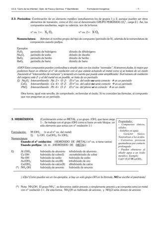 I.E.S. “Cerro de los Infantes”. Dpto. de Física y Química. 1º Bachillerato Formulación Inorgánica - 7 -
2.3. Peróxidos: Combinación de un elemento metálico (estudiaremos los de grupos 1 y 2, aunque pueden ser otros
elementos de transición, como el Zn) con el denominado GRUPO PERÓXIDO (O2
2-
, carga 2-). Así, los
compuestos resultantes, según su valencia, son de la forma:
nº ox. 1+: X2 O2 nº ox. 2+: X O2
Nomenclatura: Admiten el nombre propio del tipo de compuesto (peróxido de X), además de la nomenclatura de
composición usando prefijos.
Ejemplos:
H2O2 peróxido de hidrógeno dióxido de dihidrógeno
Na2O2 peróxido de sodio dióxido de disodio
BeO2 peróxido de berilio dióxido de berilio
BaO2 peróxido de bario dióxido de bario
¡OJO! Estos compuestos pueden confundirse a simple vista con los óxidos “normales”. Si tenemos dudas, lo mejor que
podemos hacer es obtener el nº de oxidación con el que estaría actuando el metal como si se tratara de un óxido
(haciendo el “intercambio de números” y teniendo en cuenta que puede estar simplificada). Si el número de oxidación
del oxígeno sale 2- y el del metal no es posible, se trata de un peróxido.
Ej: Na2O2 Intercambiando: Na: 2+ O: 2- El nº ox. del sodio no sería correcto  es un peróxido
CaO2 Intercambiando: Ca: 4+ O: 2- El nº ox. del calcio no sería correcto  es un peróxido
PbO2 Intercambiando: Pb: 4+ O: 2- El nº ox. del plomo sí es correcto  es un óxido
Otra forma, igual más sencilla, de comprobarlo, es formular el óxido. Si no coinciden las fórmulas, el compuesto
que nos preguntan es un peróxido.
3. HIDRÓXIDOS (Combinación entre un METAL y un grupo (OH), que tiene carga
1- . Se trabaja con el grupo (OH) como si fuera un solo bloque, un
solo elemento que actúa con nº oxidación 1-)
Formulación: M (OH)n (n es el nº ox. del metal)
Ej : Li OH; Ca(OH)2; Fe (OH)3
Nomenclatura
Usando el nº oxidación: HIDRÓXIDO DE (METAL) (nº ox, si tiene varios)
Usando prefijos: (di, tri...)HIDRÓXIDO DE (METAL)
Ej: Al (OH)3 hidróxido de aluminio trihidróxido de aluminio
Cu OH hidróxido de cobre(I) monohidróxido de cobre
Na OH hidróxido de sodio hidróxido de sodio
Au(OH)3 hidróxido de oro(III) trihidróxido de oro
Ca(OH)2 hidróxido de calcio(II) dihidróxido de calcio
(*) NH4 OH hidróxido de amonio hidróxido de amonio
( ¡Ojo! Como puedes ver en los ejemplos, si hay un solo grupo OH en la fórmula, NO se escribe el paréntesis)
(*) Nota: NH4OH. El grupo NH4
+
, se denomina catión amonio, o simplemente amonio, y se comporta como un metal
con nº oxidación 1+. De esta forma, NH4OH es hidróxido de amonio, y NH4Cl sería cloruro de amonio
Propiedades:
- Compuestos iónicos,
sólidos.
- Solubles en agua.
- Carácter básico.
Neutralizan a los ácidos.
- Corrosivos, provocan
quemaduras por contacto
prolongado.
- Pueden obtenerse al
añadir agua a un óxido
metálico. Ejemplo:
CaO+H2OCa(OH)2
 