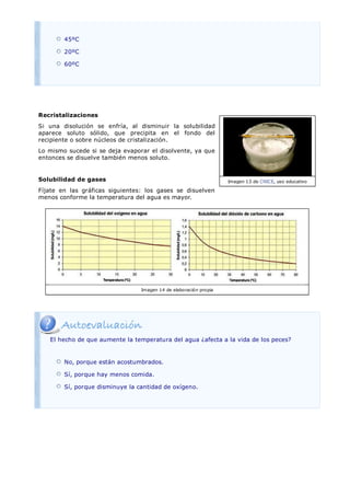 45ºC

        20ºC

        60ºC




Recristalizaciones
Si una disolución se enfría, al disminuir la solubilidad
aparece soluto sólido, que precipita en el fondo del
recipiente o sobre núcleos de cristalización.
Lo mismo sucede si se deja evaporar el disolvente, ya que
entonces se disuelve también menos soluto.


Solubilidad de gases                                               Imagen 13 de CNICE, uso educativo

Fíjate en las gráficas siguientes: los gases se disuelven
menos conforme la temperatura del agua es mayor.




                                 Imagen 14 de elaboración propia




   El hecho de que aumente la temperatura del agua ¿afecta a la vida de los peces?


        No, porque están acostumbrados.

        Sí, porque hay menos comida.

        Sí, porque disminuye la cantidad de oxígeno.
 