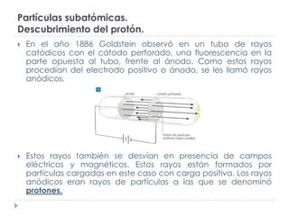 Partículas subatómicas.
Descubrimiento del protón.


En el año 1886 Goldstein observó en un tubo de
catódicos con el cátodo perforado, una fluorescencia
parte opuesta al tubo, frente al ánodo. Como estos
procedían del electrodo positivo o ánodo, se les llamó
anódicos.

rayos
en la
rayos
rayos



Estos rayos también se desvían en presencia de campos
eléctricos y magnéticos. Estos rayos están formados por
partículas cargadas en este caso con carga positiva. Los rayos
anódicos eran rayos de partículas a las que se denominó
protones.

 