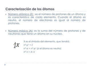 Caracterización de los átomos


Número atómico (Z) : es el número de protones de un átomo y
es característico de cada elemento. Cuando el átomo es
neutro, el número de electrones es igual al número de
protones.



Número másico (A): es la suma del número de protones y de
neutrones que tiene un átomo en su núcleo.
X es el símbolo del elemento, que tendrá:
nº p+ = Z
nº e- = nº p+ (si el átomo es neutro)
nº n = A−Z

 