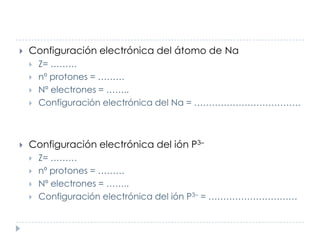 

Configuración electrónica del átomo de Na







Z= ………
nº protones = ………
Nº electrones = ……..
Configuración elect...