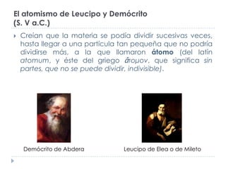 El atomismo de Leucipo y Demócrito
(S. V a.C.)


Creían que la materia se podía dividir sucesivas veces,
hasta llegar a una partícula tan pequeña que no podría
dividirse más, a la que llamaron átomo (del latín
atomum, y éste del griego ἄτομον, que significa sin
partes, que no se puede dividir, indivisible).

Demócrito de Abdera

Leucipo de Elea o de Mileto

 