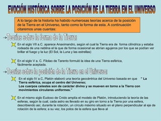 EVOCIÓN HISTÓRICA SOBRE LA POSICIÓN DE LA TIERRA EN EL UNIVERSO A lo largo de la historia ha habido numerosas teorías acerca de la posición de la Tierra en el Universo, tanto como la forma de esta. A continuación citaremos unas cuantas: En el siglo VII a.C. aparece Anaximandro, según el cual la Tierra era de  forma cilíndrica y estaba rodeada de una neblina el la que de forma ocasional se abrían agujeros por los que se podían ver brillar el fuego y la luz (El Sol, la Luna y las estrellas) En el siglo V a. C. Filolao de Tarento formuló la idea de una Tierra esférica, fácilmente aceptada. Teorías sobre la forma de la Tierra: Teorías sobre la posición de la Tierra en el Universo: En el siglo IV a.C, Platón elaboró una teoría geocéntrica del Universo basada en que  ” La Tierra esférica, ocupa el centro del Universo; Los cuerpos celestes son de carácter divino y se mueven en torno a la Tierra con movimientos circulares uniformes.” En el mismo siglo Eudoxo de Cnido amplía el modelo de Platón, introduciendo la teoría de las esferas, según la cual, cada astro es llevado en su giro en torno a la Tierra por una esfera, describiendo así, durante la rotación, un círculo máximo situado en el plano perpendicular al eje de rotación de la esfera; a su vez, los polos de la esfera que lleva al 