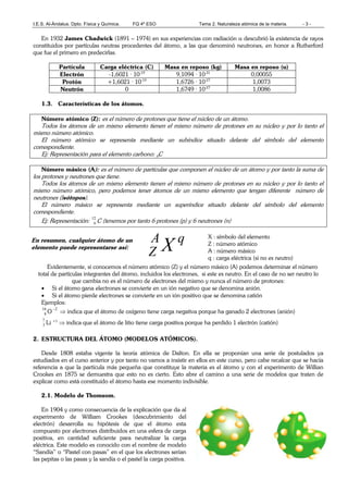 I.E.S. Al-Ándalus. Dpto. Física y Química. FQ 4º ESO Tema 2. Naturaleza atómica de la materia. - 3 -
En 1932 James Chadwick (1891 – 1974) en sus experiencias con radiación α descubrió la existencia de rayos
constituidos por partículas neutras procedentes del átomo, a las que denominó neutrones, en honor a Rutherford
que fue el primero en predecirlas.
Partícula Carga eléctrica (C) Masa en reposo (kg) Masa en reposo (u)
Electrón -1,6021 · 10-19
9,1094 · 10-31
0,00055
Protón +1,6021 · 10-19
1,6726 · 10-27
1,0073
Neutrón 0 1,6749 · 10-27
1,0086
1.3. Características de los átomos.
Número atómico (Z): es el número de protones que tiene el núcleo de un átomo.
Todos los átomos de un mismo elemento tienen el mismo número de protones en su núcleo y por lo tanto el
mismo número atómico.
El número atómico se representa mediante un subíndice situado delante del símbolo del elemento
correspondiente.
Ej: Representación para el elemento carbono: 6C
Número másico (A): es el número de partículas que componen el núcleo de un átomo y por tanto la suma de
los protones y neutrones que tiene.
Todos los átomos de un mismo elemento tienen el mismo número de protones en su núcleo y por lo tanto el
mismo número atómico, pero podemos tener átomos de un mismo elemento que tengan diferente número de
neutrones (Isótopos).
El número másico se representa mediante un superíndice situado delante del símbolo del elemento
correspondiente.
Ej: Representación:
12
6 C (tenemos por tanto 6 protones (p) y 6 neutrones (n)
Evidentemente, si conocemos el número atómico (Z) y el número másico (A) podemos determinar el número
total de partículas integrantes del átomo, incluidos los electrones, si este es neutro. En el caso de no ser neutro lo
que cambia no es el número de electrones del mismo y nunca el número de protones:
• Si el átomo gana electrones se convierte en un ión negativo que se denomina anión.
• Si el átomo pierde electrones se convierte en un ión positivo que se denomina catión
Ejemplos:
16
8 O
2−
⇒ indica que el átomo de oxígeno tiene carga negativa porque ha ganado 2 electrones (anión)
7
3 Li +1
⇒ indica que el átomo de litio tiene carga positiva porque ha perdido 1 electrón (catión)
2. ESTRUCTURA DEL ÁTOMO (MODELOS ATÓMICOS).
Desde 1808 estaba vigente la teoría atómica de Dalton. En ella se proponían una serie de postulados ya
estudiados en el curso anterior y por tanto no vamos a insistir en ellos en este curso, pero cabe recalcar que se hacía
referencia a que la partícula más pequeña que constituye la materia es el átomo y con el experimento de Willian
Crookes en 1875 se demuestra que esto no es cierto. Esto abre el camino a una serie de modelos que traten de
explicar como está constituido el átomo hasta ese momento indivisible.
2.1. Modelo de Thomsom.
En 1904 y como consecuencia de la explicación que da al
experimento de William Crookes (descubrimiento del
electrón) desarrolla su hipótesis de que el átomo esta
compuesto por electrones distribuidos en una esfera de carga
positiva, en cantidad suficiente para neutralizar la carga
eléctrica. Este modelo es conocido con el nombre de modelo
“Sandía” o “Pastel con pasas” en el que los electrones serían
las pepitas o las pasas y la sandía o el pastel la carga positiva.
En resumen, cualquier átomo de un
elemento puede representarse así:
X : símbolo del elemento
Z : número atómico
A : número másico
q : carga eléctrica (si no es neutro)
qA
Z X
 