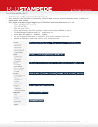 Neal Harrington | sales@redstampede.com | 704.578.1248 | 6701 Fairview Rd., Charlotte, NC 28210 | www.redstampede.com 
REDSTAMPEDE REDEFINE POSSIBLE 
USER DASHBOARD SIDE MENU 
 A side menu that provides quick access to User advocacy tools 
 When the User accesses any of the social networking features available on the site, the menu options will change according to the 
module/feature being accessed. 
 Below are the menu options that will appear in each of the different social networking modules in the site. 
 Create and update the User profile 
 Post and view blogs 
 Host and attend events 
 Create and join groups with other supporters through common interest, location, or actions 
 Recruit new supporters and message User’s friends on the site 
 Create, share, and track User’s fundraising campaigns 
 Set and/or update how and when the User would like to receive automated notifications 
 Browse site network for other Users, activities, blogs, groups and events 
4 
 