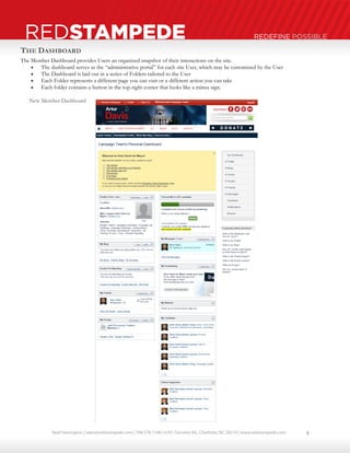 Neal Harrington | sales@redstampede.com | 704.578.1248 | 6701 Fairview Rd., Charlotte, NC 28210 | www.redstampede.com 
REDSTAMPEDE REDEFINE POSSIBLE 
THE DASHBOARD 
The Member Dashboard provides Users an organized snapshot of their interactions on the site. 
 The dashboard serves as the “administrative portal” for each site User, which may be customized by the User 
 The Dashboard is laid out in a series of Folders tailored to the User 
 Each Folder represents a different page you can visit or a different action you can take 
 Each folder contains a button in the top-right corner that lo oks like a minus sign. 
New Member Dashboard 
5 
 