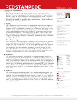 Neal Harrington | sales@redstampede.com | 704.578.1248 | 6701 Fairview Rd., Charlotte, NC 28210 | www.redstampede.com 
REDSTAMPEDE REDEFINE POSSIBLE 
ELEMENTS OF THE DASHBOARD 
 Profile: 
This folder shows the User’s public profile, which the User may control what content is 
published. The profile widget displays the User’s location (City and State); a snippet taken from 
the User’s “About Me” section; why the User supports the organization; and the User’s profile 
picture if one has been uploaded. The User may select Edit Profile to revise the existing 
information and/or update the profile with more or new information. The User may also view 
his or her profile by clicking on the View button. 
 My Blog: 
This folder shows all of the blog posts that you have written, by most recent. Each blog post is 
linked to the blog post page and shows the date that the blog was written and the number of 
comments that the User has received for the post. The User may select “View” which will take 
the User to a page containing all of the User’s blog postings, or can click “Write” to be taken to 
the User blog module where the User may write a new blog. There are also three options the 
User may select at the bottom of the module including: “My Blogs”, which takes them to the 
page containing all of their blog postings; “Friends’ Blogs”, which will take them to a page listing 
all of the Users’ friend’s blog postings; or “All Site Blogs”, which will take them to a page listing 
all blog postings on the site 
 Events I’m Attending 
This folder shows all events that the User has RSVP’d “yes”. The User may select to find nearby 
events by clicking the “Events Near Me” option found in three places – at the top of the 
module; in the body, and in the footer. The User may also select to host an event by clicking on 
the “host” button found in the header and the body of the folder. The User may also select to 
view all the events he or she is attending by selecting the “Events I’m Attending link in the 
footer. This allows the User to view events that may not be listed in the folder on his or her 
dashboard if they are attending more than 5 events. The User may also view all events listed on 
the site by selecting the option “All Events” located in the footer of the module 
 My Friends: 
The header displays the number of friends the User has on the site along with the option to 
invite friends by selecting the “Invite Friends” option, which will take the User to a page using 
the Invite Your Friends module customized for this feature. The body of the folder contains the 
User’s 5 most recently active friends on the site. Each friend contains his or her profile picture if 
one has been uploaded, the User’s name which is linked to their profile page, the User’s location; 
the time of the User’s last activity, and a pen and pad icon that will allow the User to send them a 
message. The User may view all of his or her friends by selecting the “View All Friends” in the 
footer or invite friends by selecting the “Invite Friends” option also contained again in the footer 
of the folder. 
 My Groups: 
This folder contains a list of the groups that the User is a member. Each group is linked to its 
respective page and shows the group’s profile icon, the number of members, and the location of 
the group. Each group will also indicate whether the group is owned by the User. The User may 
select “My Groups” in the header to go to a page containing all of the User’s groups or “Create” 
to create a new group on the site. The User also has the option of selecting “Groups I Own” 
which will list all groups owned by the User or “Groups I Belong To” which will list each group 
that the User is a member. 
7 
 